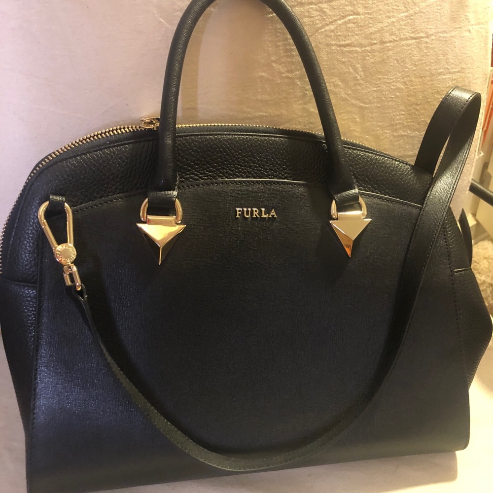 Furla black satchel, with handles and strap